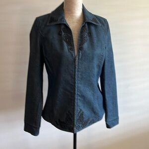 Dana Buchman jean jacket size 6 with black beading throughout.  Zippped front